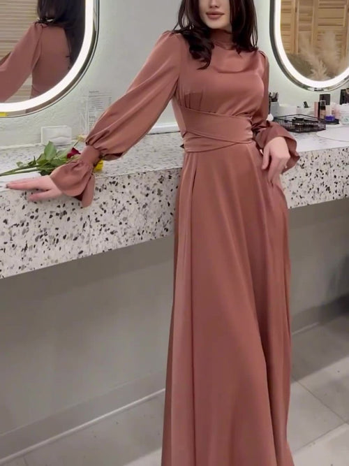 Telespremiada Elegant Bishop Sleeve Maxi Dress - Casual Style